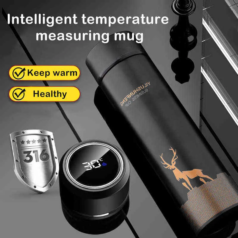 500 мл Smart Thermos Бутылка воды LED Цифровой Дисплей Температуры Нержавеющая Сталь Тепловые Кружки Интеллектуальные чашки 211029