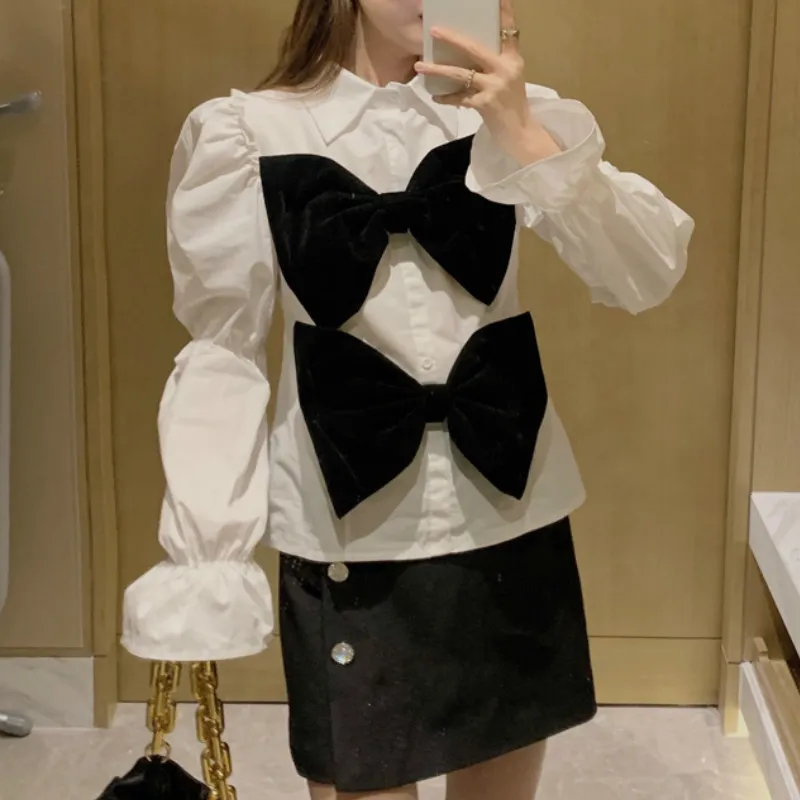 Ezgaga Beyaz Gömlek Ofis Lady Kore Moda Chic Patchwork Velor Ilmek Uzun Kollu Kadın Bluz Tatlı Streetwear Blusas 210430