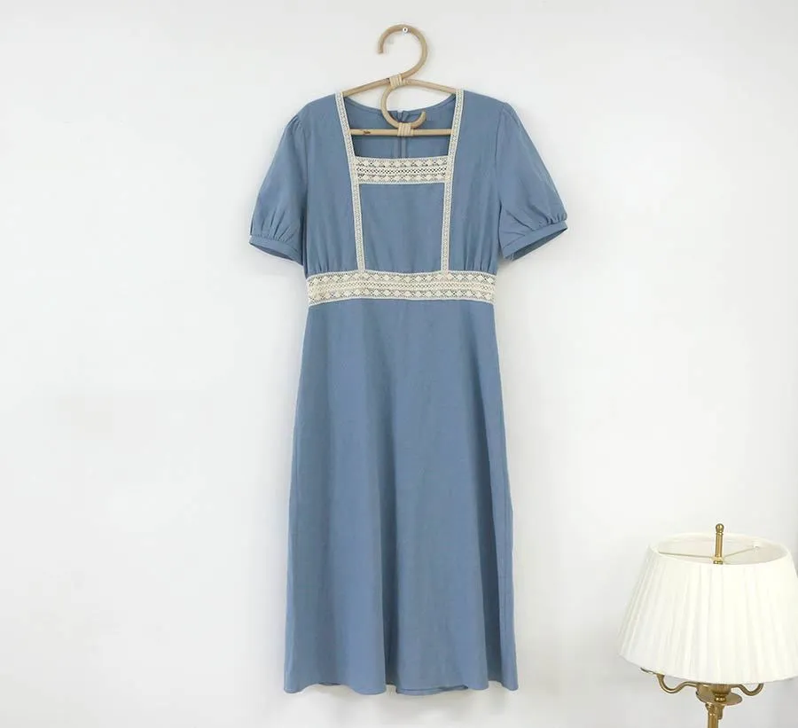 Plus size Summer Girls Boho Party Cotton Linen Female Vintage Dress Blue Short Sleeve Women Dresses Femme Vestido 210417