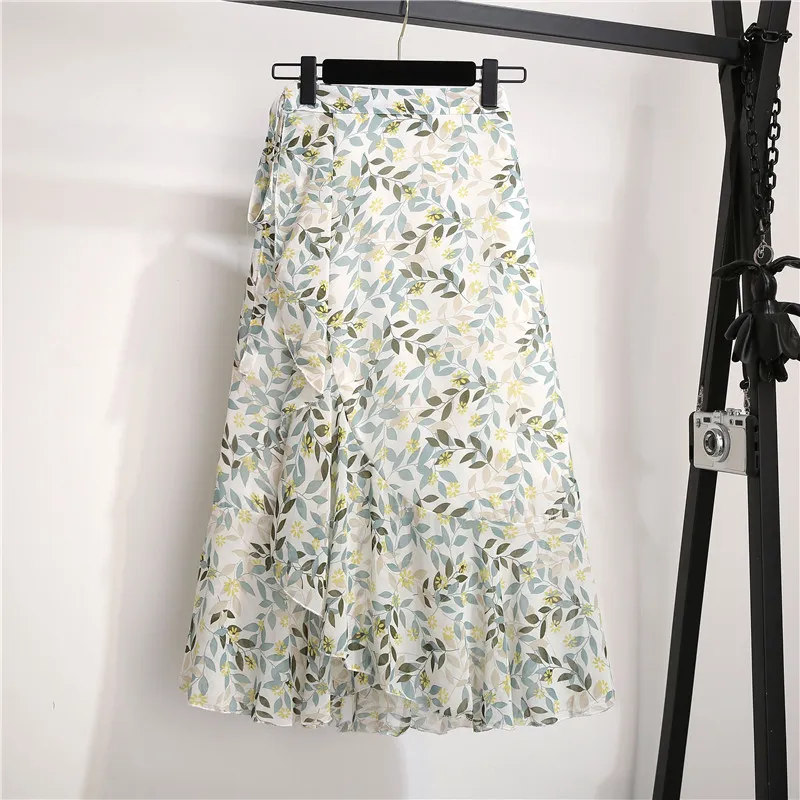 Zomer Chiffon Rok Vrouwen Onregelmatige Fishtail Floral Midi S Lace-Up Lotus Leaf Beach S Jupe Femme 10232 210427