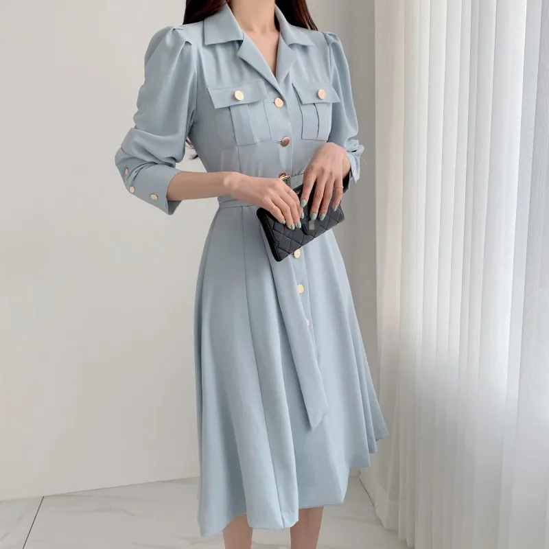 Elegancka jednopierierska klapa Kobiety MIDI Dress Moda Z Długim Rękawem Rozwiązywany Slim Talii Kobieta Sukienka Workwear Vestidos 210518