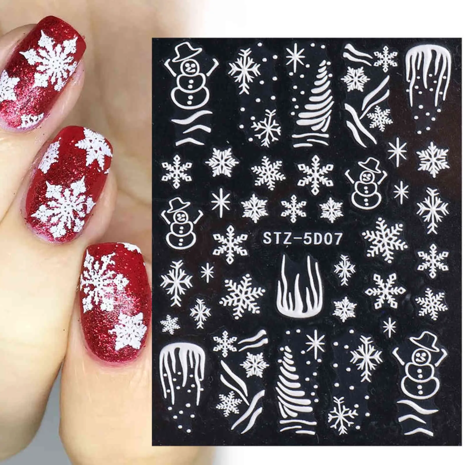 10 ST 5D Witte Sneeuwvlokken Ingebouwde Sticker Kerst Nieuwjaar Nail Art Design Winter Charms Bloem Manicure Slider Decals Chstz5D01-08 Y1125