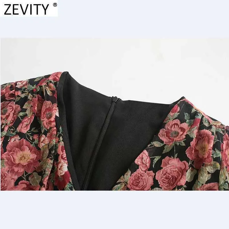 Zevity Women Vintage V Neck Floral Print Striped Pleated Mini Dress Female Pleat Puff Sleeve Casual Slim Vestido DS5030 210603