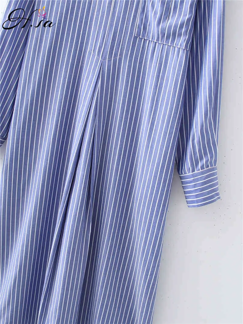Długa koszula w paski Sukienka dla kobiet Wiosna Koreańskie Casual Kieszenie Luźne Vestidos Split Duże Blue Dresses 210430