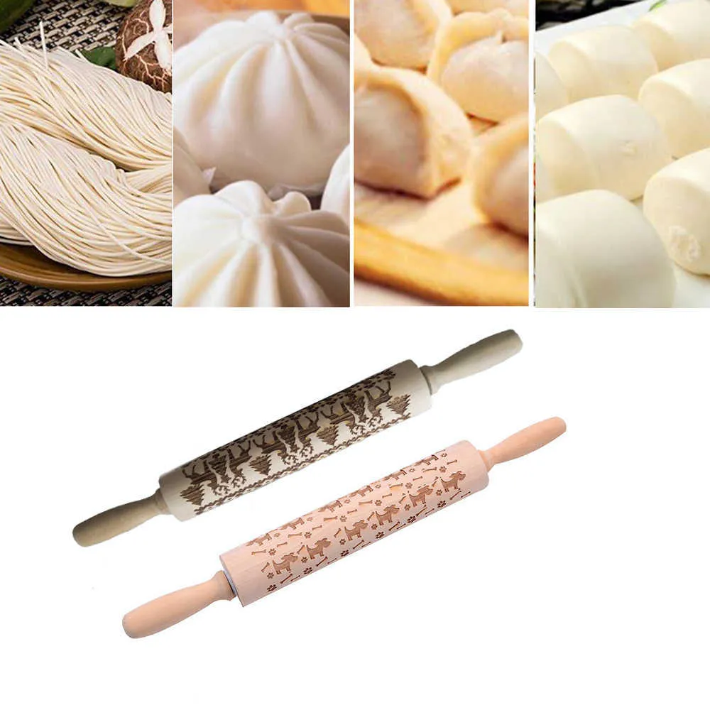 Kerst Ontwerp Houten Rolling Pins Gegraveerde Embossing Roller voor Cookies Noodle Biscuit Cake Fondant Bakvormen Rolling Pin 211008