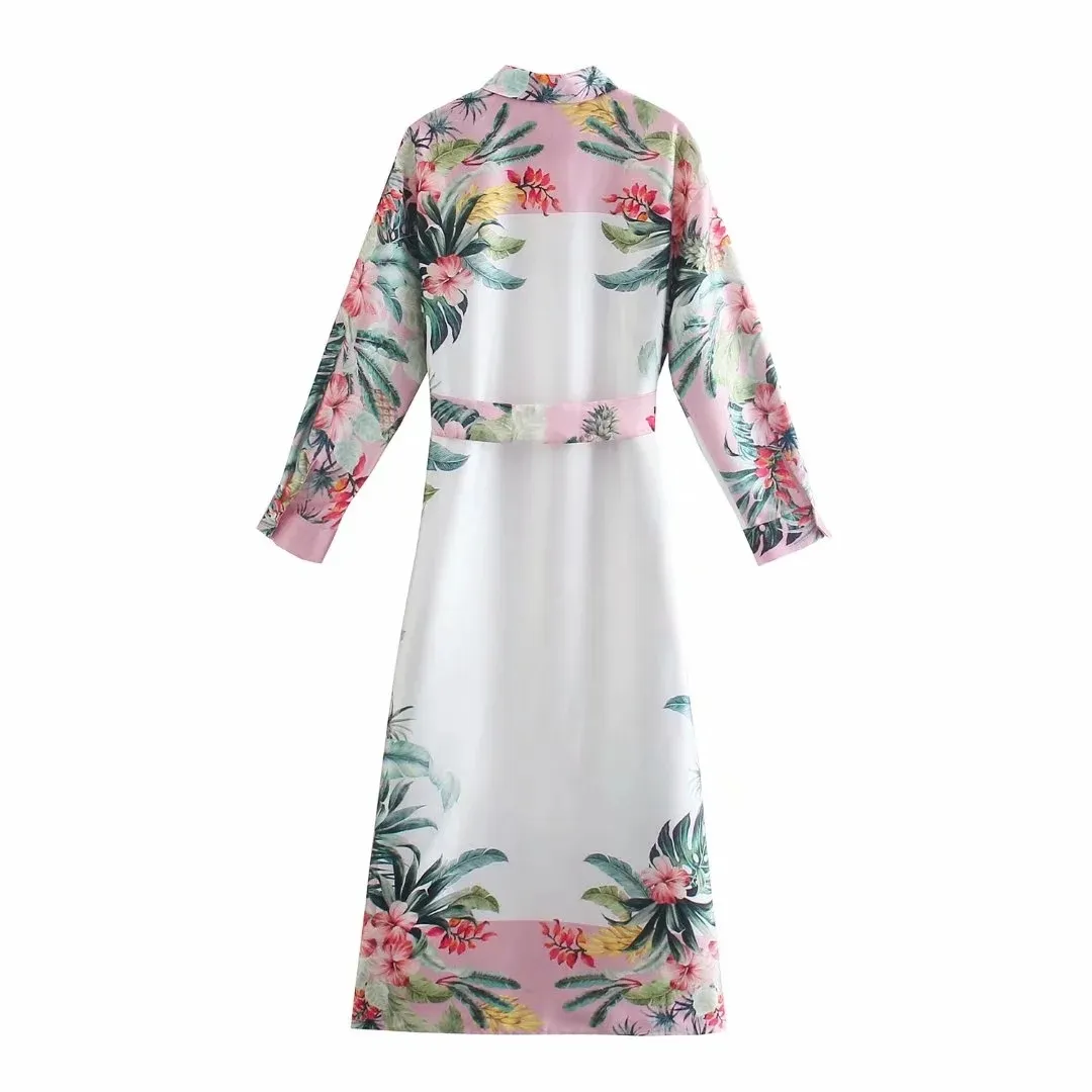 女性のドレスファッションプリントベルトシャツのパリスプリントMidi女性エレガントなローブ長袖ボタンカジュアルな夏ES 210520