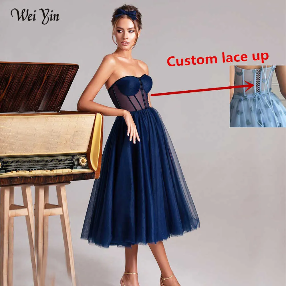 Weiyin Custom Color Robe de bal courte sans bretelles chérie une ligne robes de soirée élégante illusion corsage thé longueur robe de soirée 210719