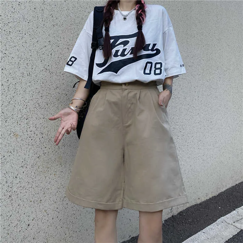 Japanse Stijl Cargo Broek Zomer Nieuwe Knop Fly Losse Hoge Taille Rechte Wijde Benen All-Match Casual Rechte vijfpunts Broek Q0801