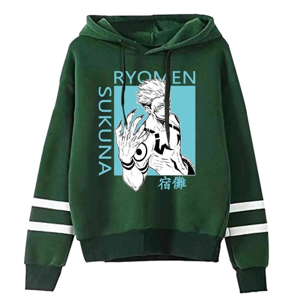 Mäns Hoodies Jujutsu Kaisen Kvinnor Pullovers Hoodies Sweatshirts Sukuna Print Anime Hoody Streetwear Striped Tops Y0319