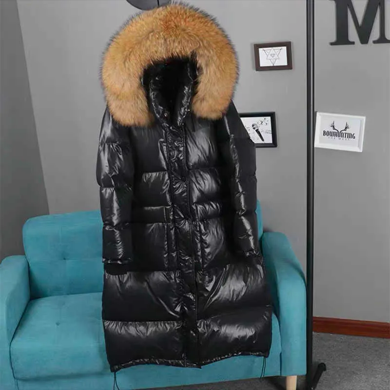 Janveny Lungo Piumino Donna Inverno Nero Allentato Vera Pelliccia di Procione Con Cappuccio Moda Impermeabile Femminile Anatra Piumino Cappotto 211020