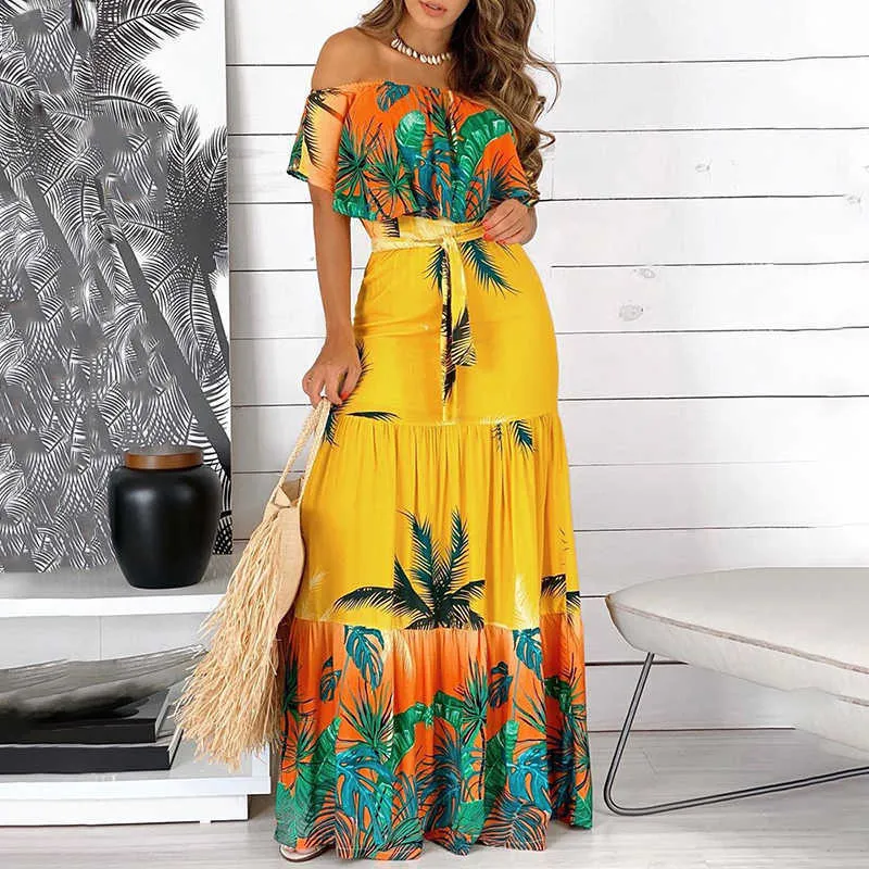 Moda Donna Off Spalla Maxi Dress Dress Indossare Vacanze Vacanze Tropical Stampa Abito lungo 210716