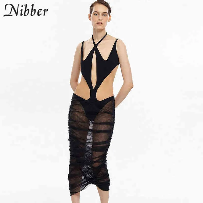 Nibber Verão Novo Estilo Halter Halter Vestido Semi-Perspectiva Cool Tecido com cintura Slim Design Sexy Dobra Mulheres Partido Nightclub Y1204