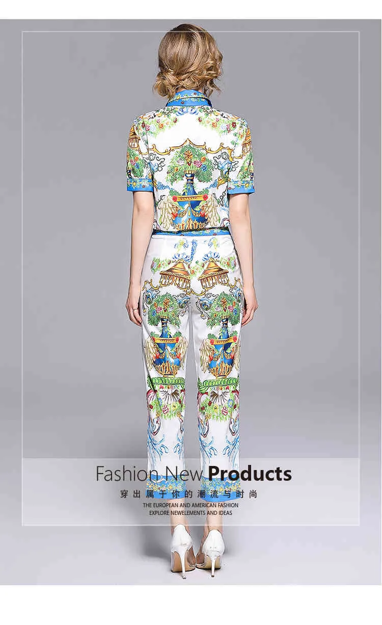 Fashion Designer Suits Trousers Set Women Short Sleeve Bow tie Blouse and Floral Print Casual Pants Set 210514