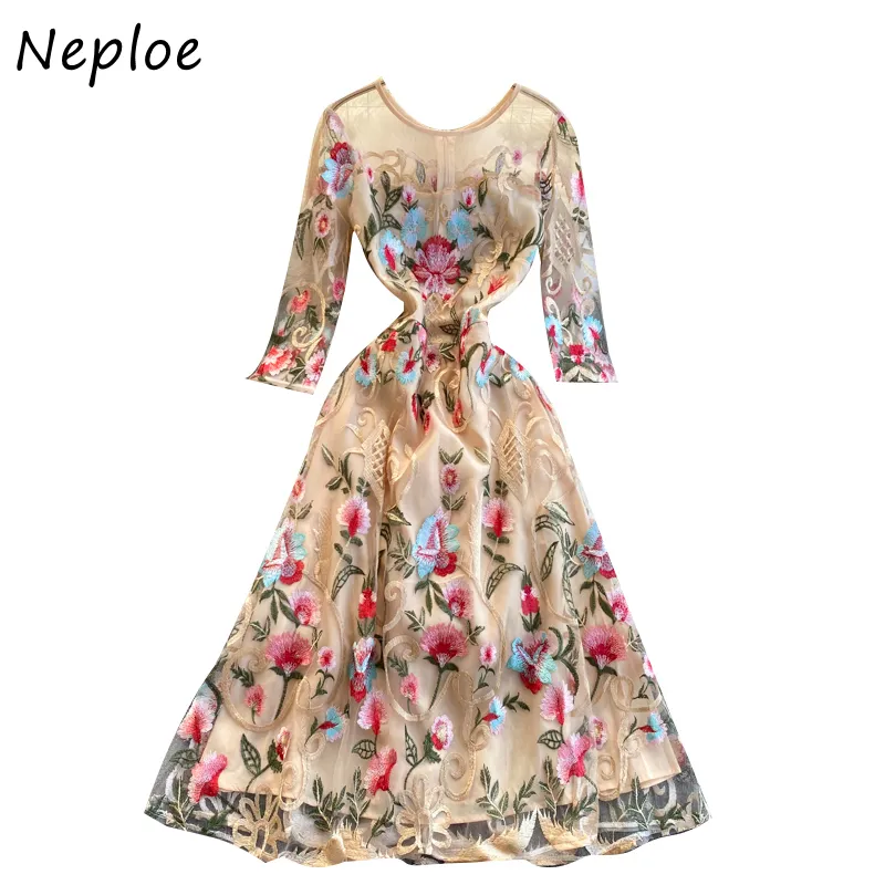 Neploel Elegante schwere Arbeit Druckkleid Frauen Hohe Taille Hüfte Eine Linie Lange Vestidos O Neck Langarm Slim Robe Spring 210510