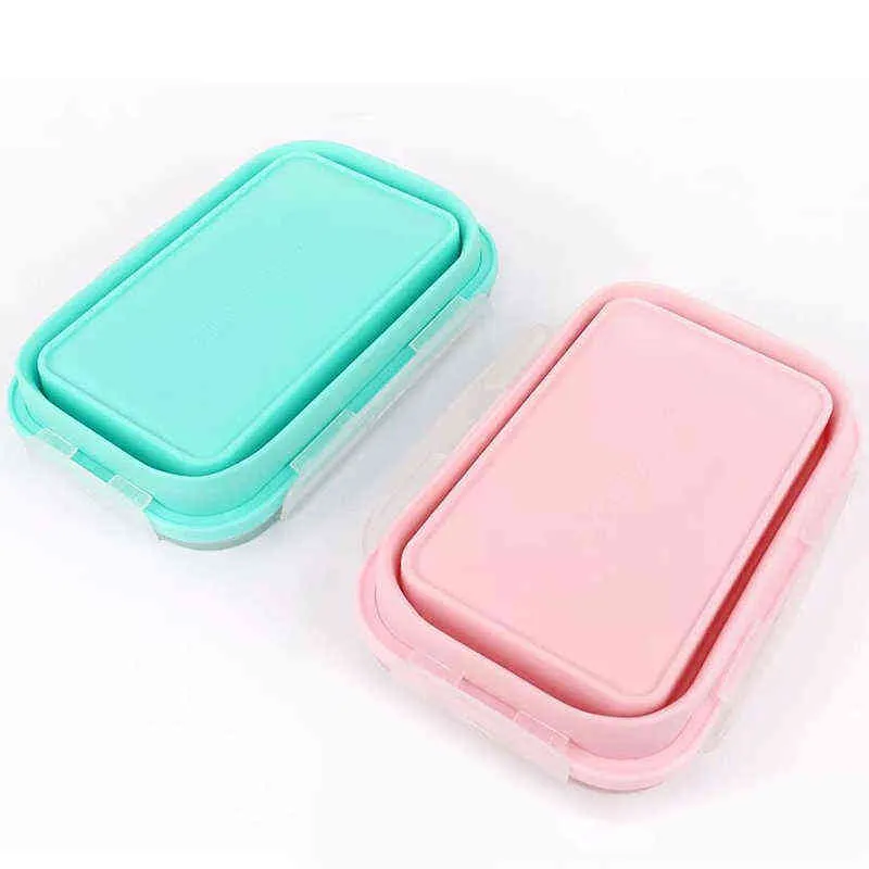 4 stks / set Silicone Rechthoek Lunchbox Inklapbare Bento Folding Food Container Bowl 300 / 500/800 / 1200ml voor servies 211104