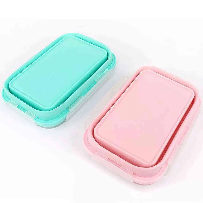 Silicone Rectangle Lunch Box Collapsible Bento Folding Food Container Bowl 300/500/800/1200ml for Dinnerware 211104