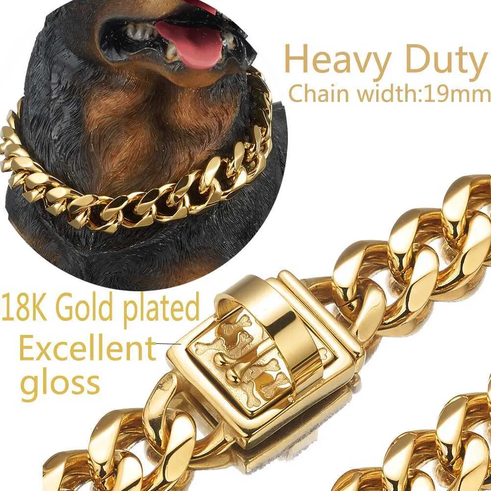 19 mm Dog Collar 18K Gold Color Heavy Duty Stainless Steel Dog Luxury Training Collar Cuban Link with Durable Clasp Chain X07031101824