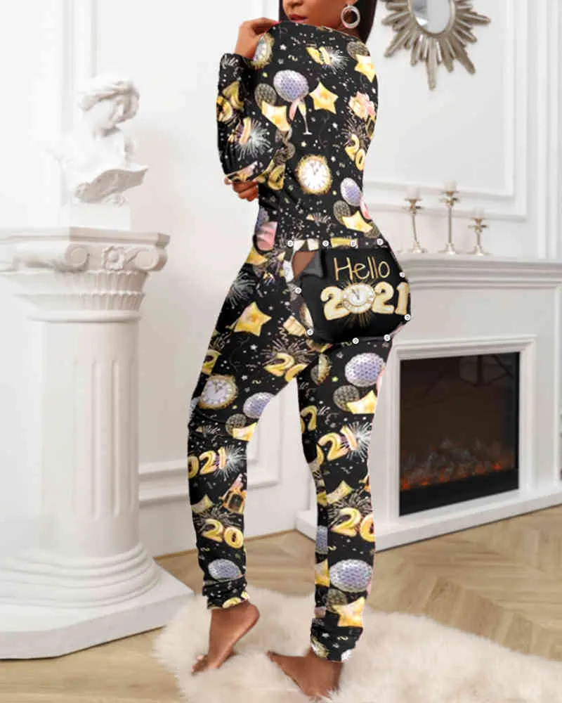 Nouvel An Femmes Fonctionnel Boutonné Rabat Cadeaux Imprimé Adultes Pyjamas Costume Homewear Femme Détachable Combinaisons 210415