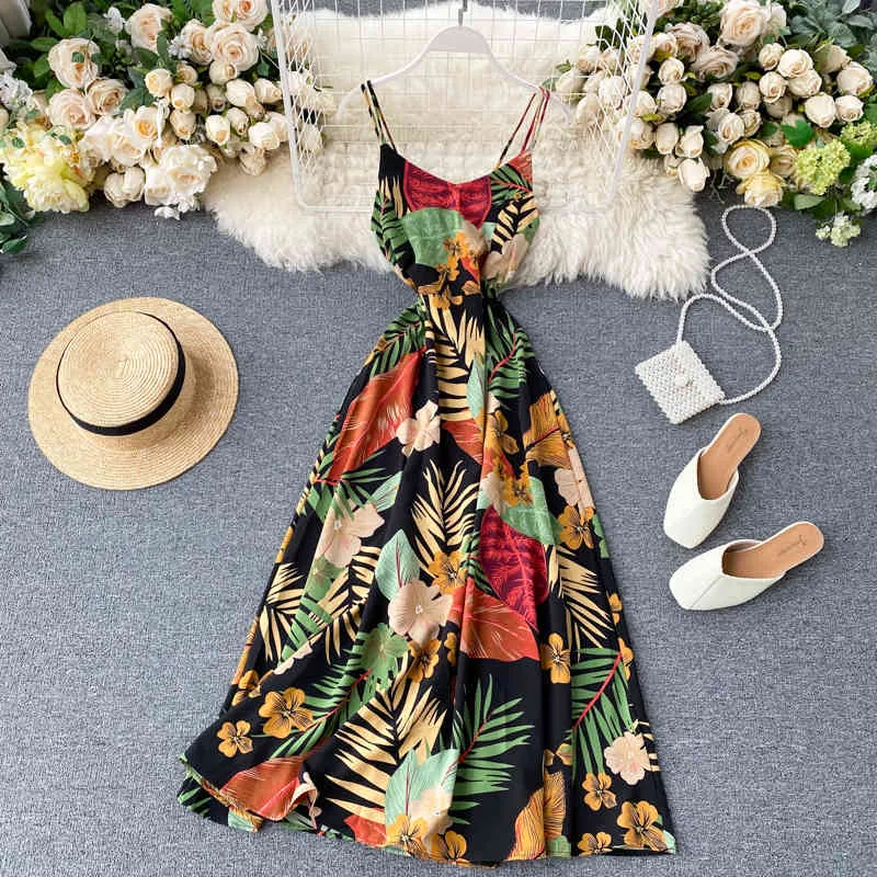 Summer Seaside Holiday Dress Ins Cyber Celebrity Super Fire Sexy Backless Fashion Print Spaghetti Strap Long Femme ML864 210506