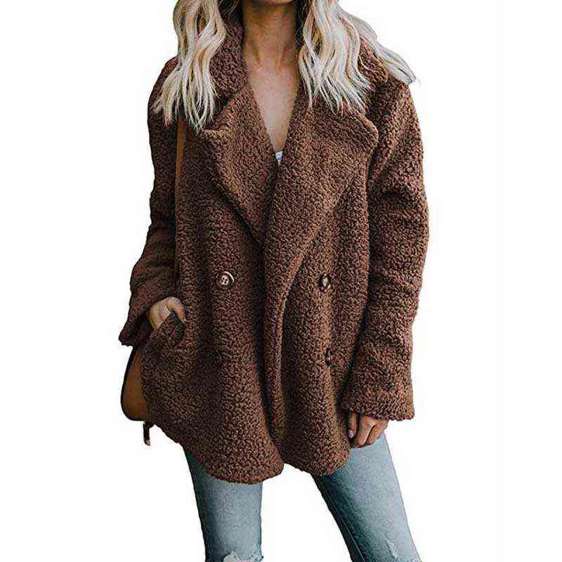 Autumn Teddy Coat Women Faux Fur Female Thick Warm Plush Jacket Long Sleeve Winter 211124
