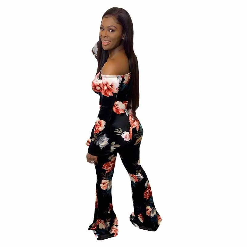 Omsj High Street Party Womens Floral Printed Skinny Flare Rompers Off Ramię Z Długim Rękawem Bodycon Black Jumpsuits Clubwear 210517