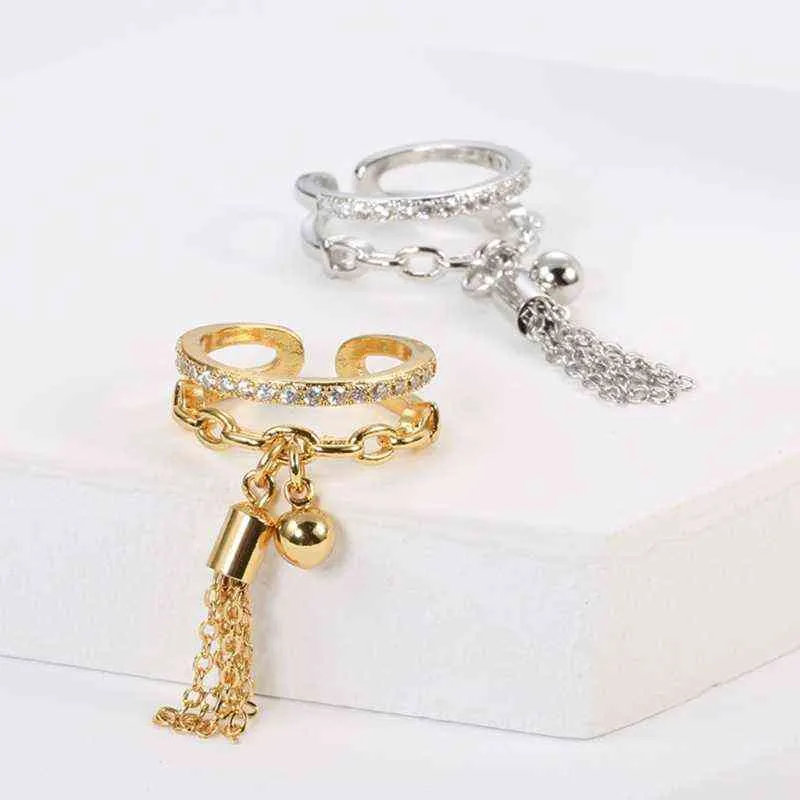 Link Chain Tassel Ring Zirconia met Spike Hanger Charme Finger Ring voor Dames Openingbare Ring Sieraden G1125