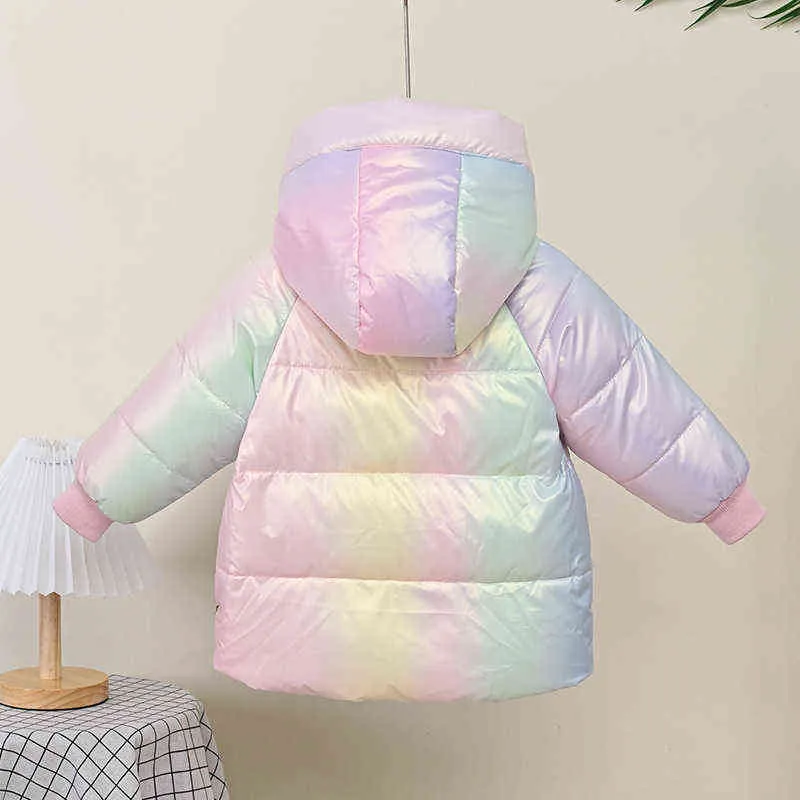 Mädchen regenbogenfarbene Daunenjacke Winter GIRLS BABY verdickter, wasserdichter Plüsch aus Baumwolle mit Kapuze 211222