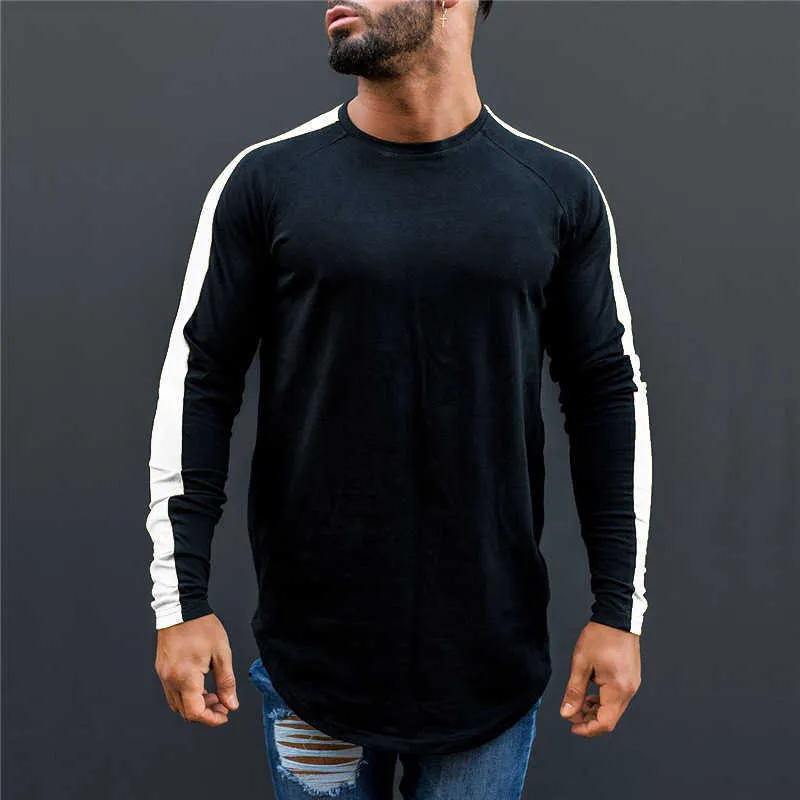 Muscleguys T-shirt mężczyźni wiosna jesień z długim rękawem o-neck t shirt mężczyzn marki odzież moda patchwork bawełniane tee topy 210722