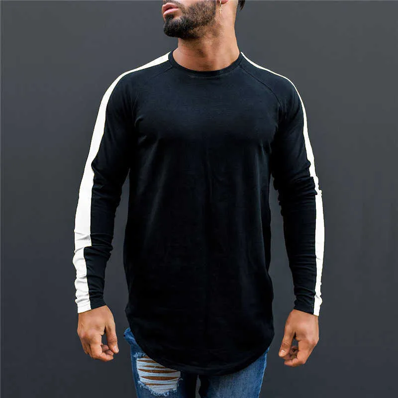 MuscleGuys T-shirt Mannen Lente Herfst Lange Mouw O-hals T-shirt Mannen Merk Kleding Mode Patchwork Katoen Tee Tops 210722