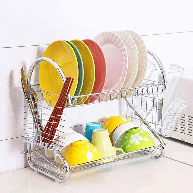 Large Dish Drying Rack Cup Drainer 2-Tier Strainer Holder Tray Stainless Steel Kitchen Accessories organizador de cocina 211112