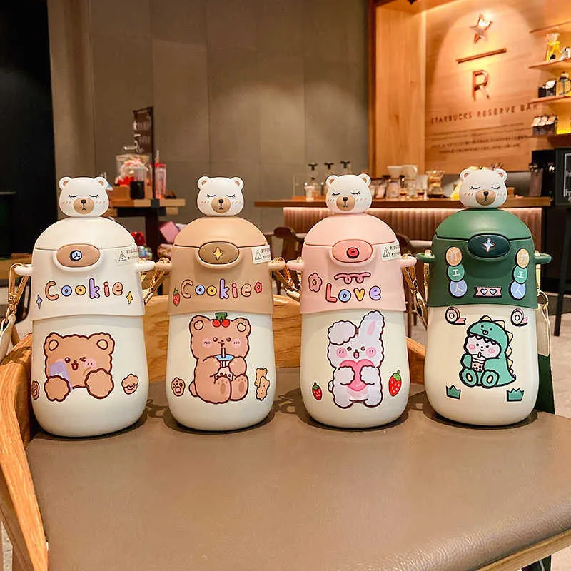 500 мл термос Kawaii Bear, милые детские соломенные бутылки для воды, изолированные бутылки из нержавеющей стали для студентов, термос для девочек, 21101189г