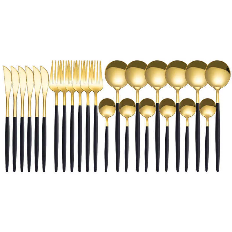 / set rostfritt stål svart guld bestick middag dinnerware set kniv gaffel kaffe sked bestick uppsättning kök porslin set 211012