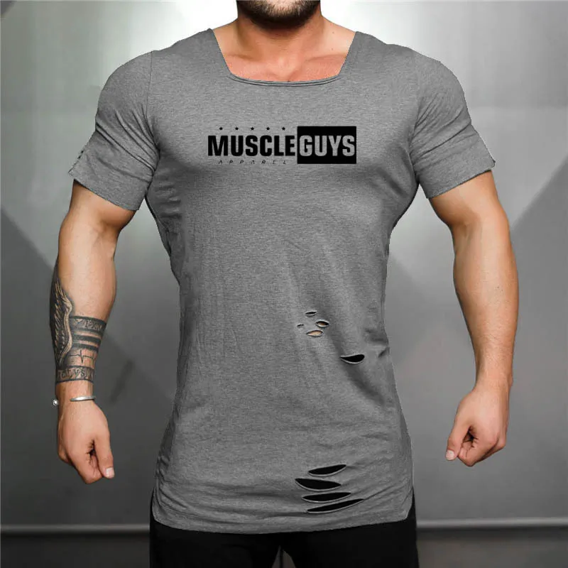 Summer Heren T-shirts Mode Korte Mouwen Fitness Bodybuilding T-shirt Mannen Workout Slim Fit Ripped Gat Cotton Tee Tops 210421