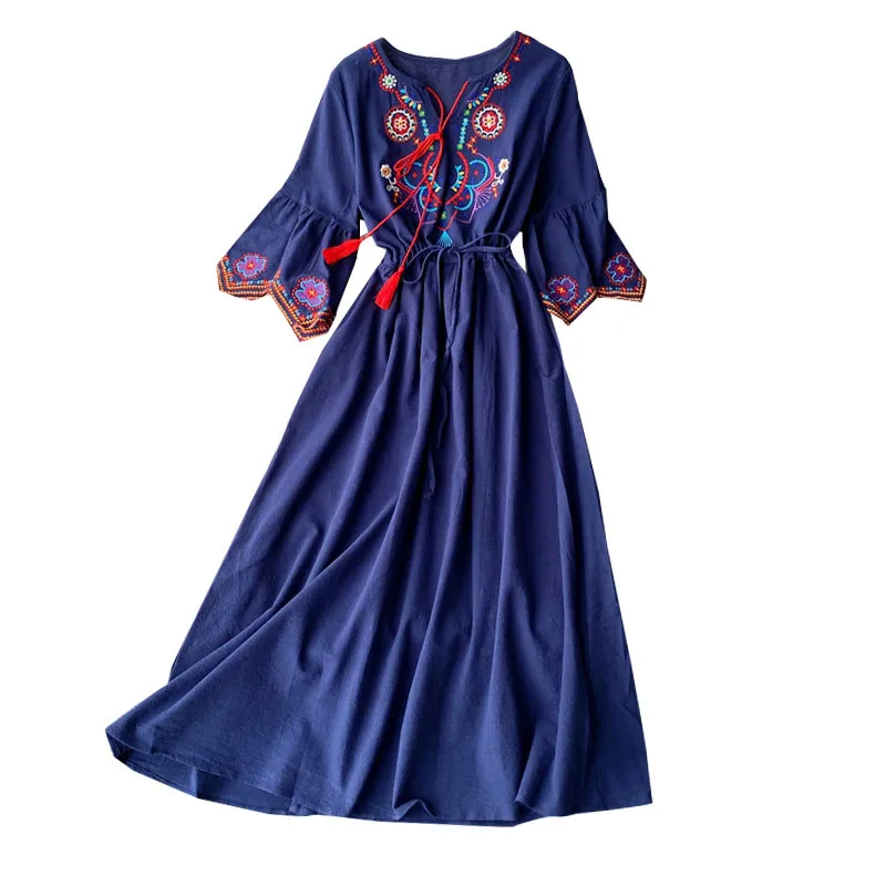 Women's Indie Folk Dress Desert Grassland Travel Cyber Celebrity Po Modeling Embroidery Lacing Long A-line Female ML866 210506
