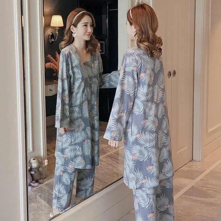 Dames pyjama set nachtkleding pak lange mouwen ondergoed 3 stuks loungewear floral printen pyjama voor dames herfst homewear 210809