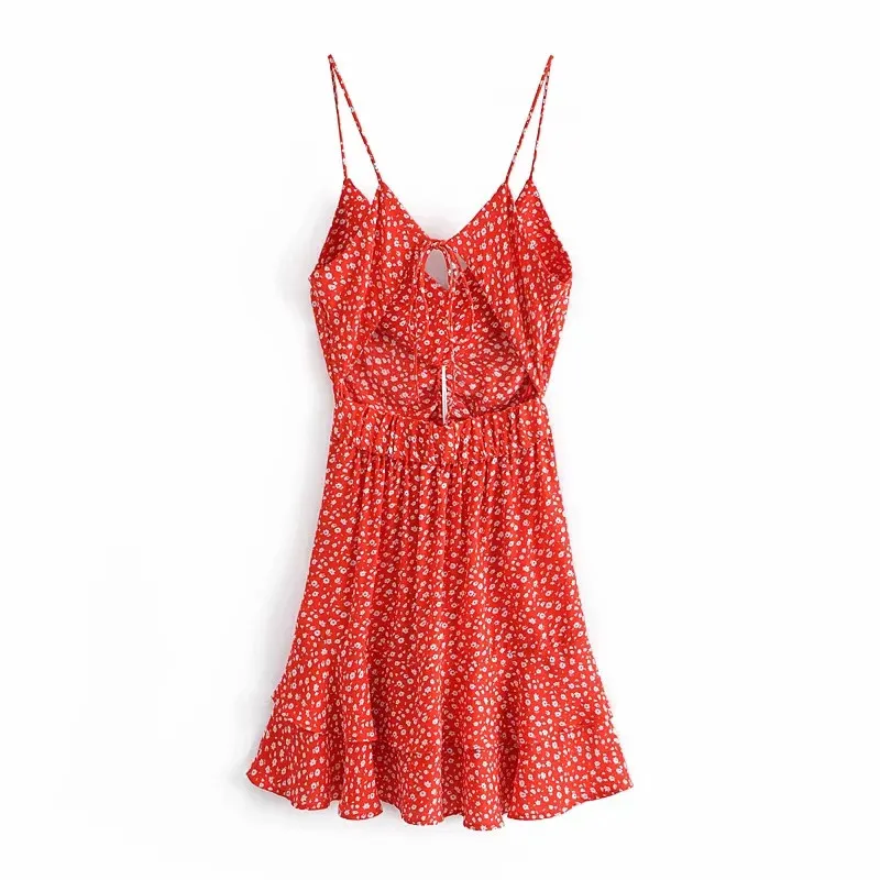 Kadın Kırmızı Çiçek Mini Yaz Elbise Fırfır Dantelli Kayış Kısa ES Bayanlar Seksi Backless Plajı Kesip 210519