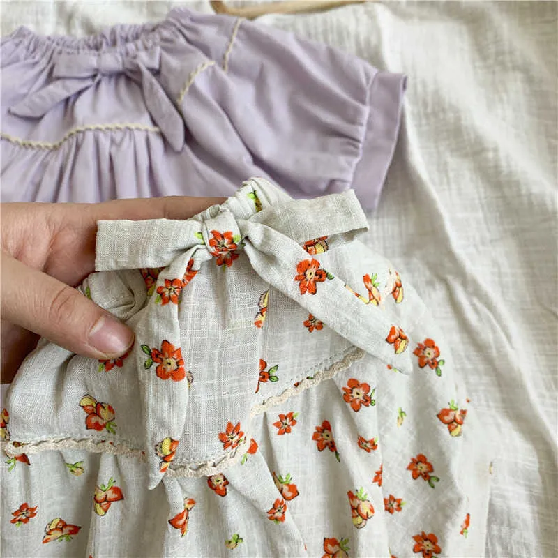 Kızlar Kısa Kollu Gömlek Yaz Kız Bebek Çiçek Dantel Yay Puf Kollu Gömlek Kız Bluz 210701