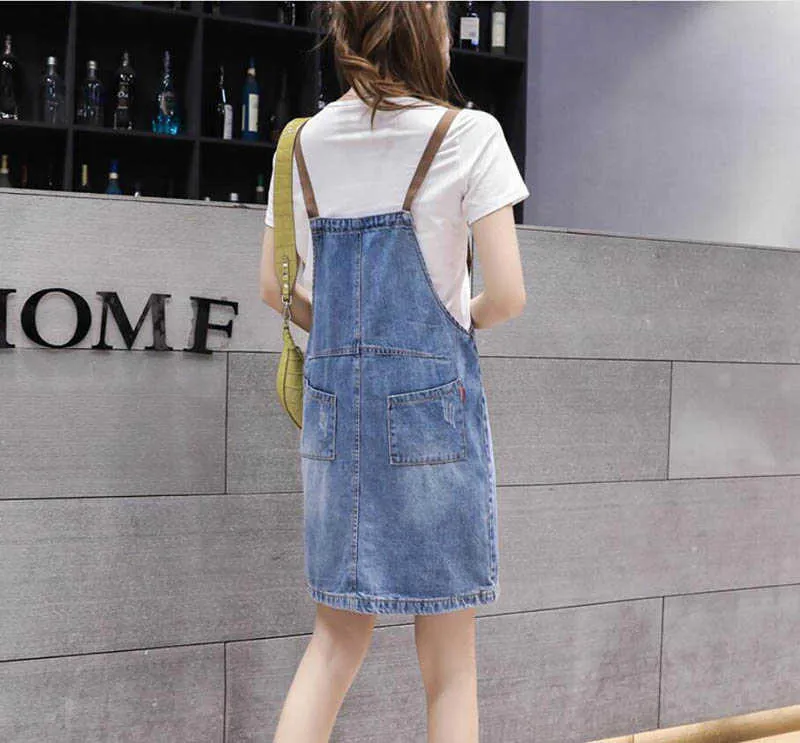 Denim Adjustable Suspender Dress Korean A-line Short Loose Girl Student Summer Pockets Blue Jeans Overalls es 210604