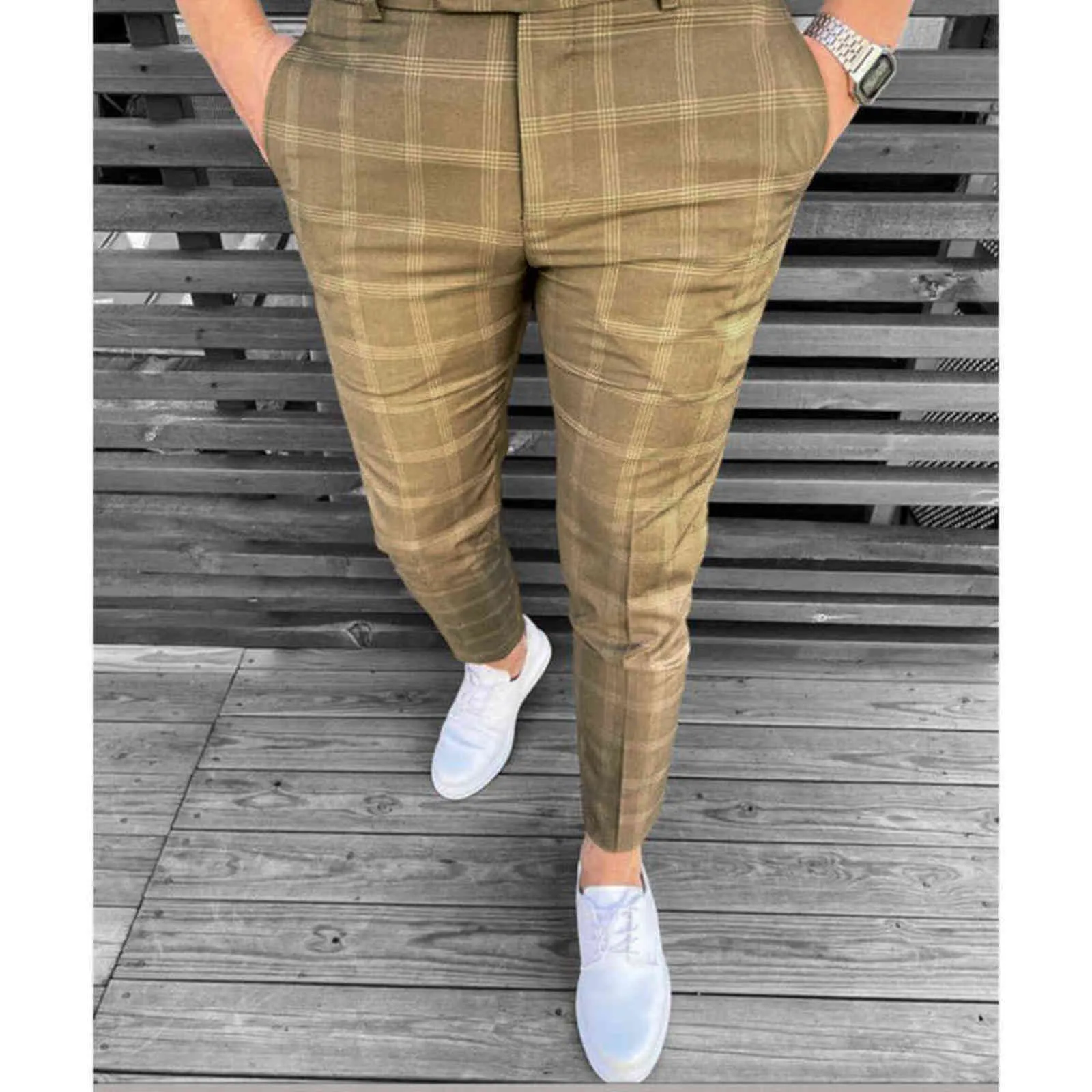 2021 Casual Plaid Spodnie dla mężczyzn Joggers Męskie Mody Streetwear Proste Bawełniane Spodnie Ołówek Długość Długość Spodnie Biznesowe X1027