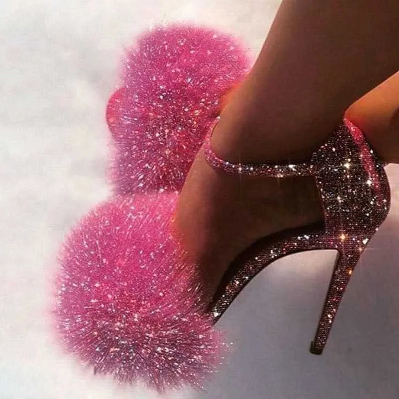 2020 Новые прибытия Большой размер Тонкие высокие каблуки Летние розовые сандалии Женщина обувь Свечение меховой партии Bling Женщины Леди Обувь Y0721