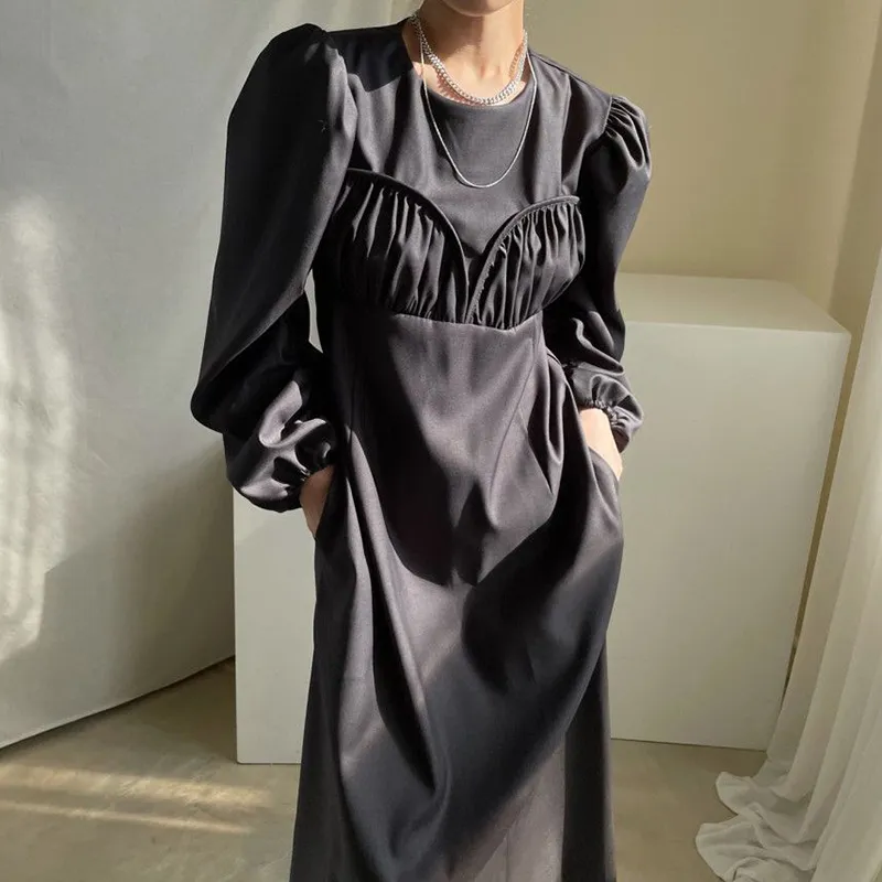Nomikuma Frauen Kleid Koreanische Plissee Patchwork Elegante Vestidos Femme Frühling Chic Puff Hülse O-ansatz Kausalen Kleider 6F897 210427