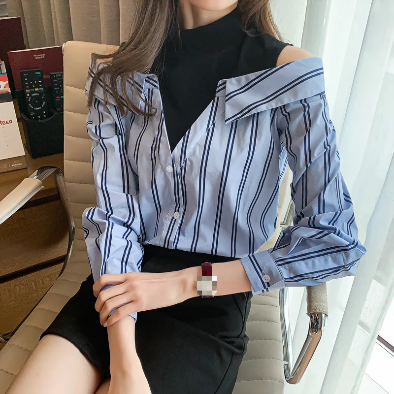 キムトモのファッションは肩のブラウスの女性春の韓国のスタイルの女性の偽の2つのピースハーフタートルネックシャツ210521