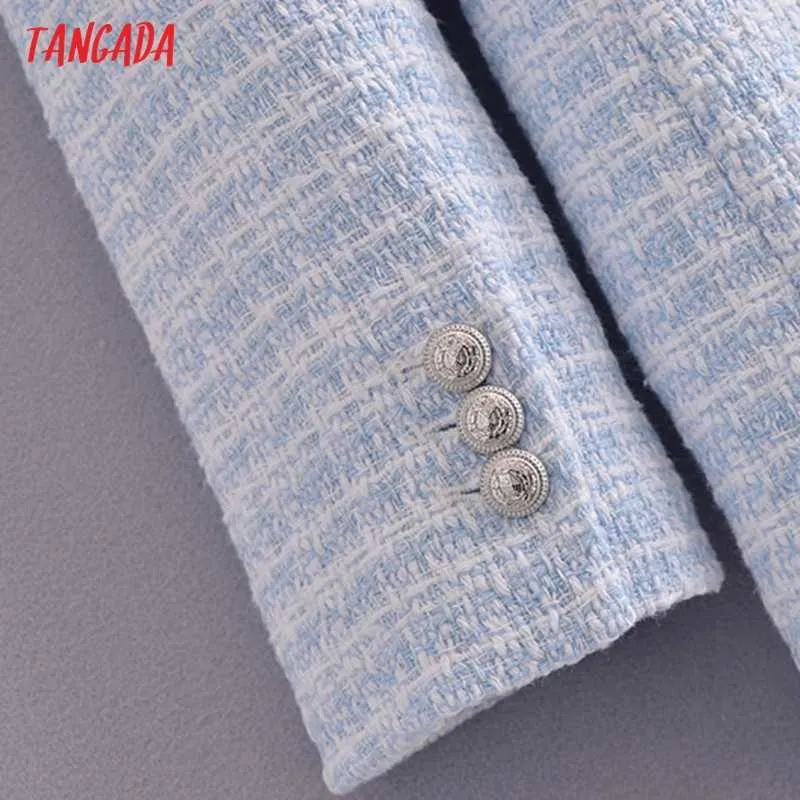 Tangada Women Fashion Blue White Plaid Tweed Blazer Coat Vintage Double Breasted Female Office Lady Chic Tops 3H91 210930