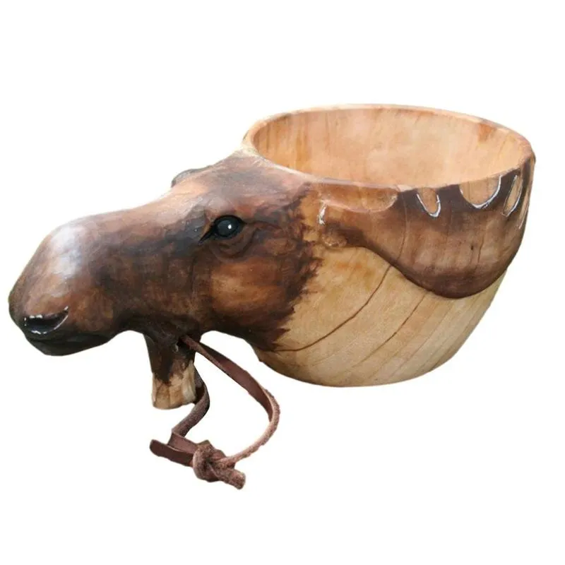 マグカクサの手彫り木製マググクシ動物ヘッドイメージカップ動物型ポータブルキャンプ飲酒2672