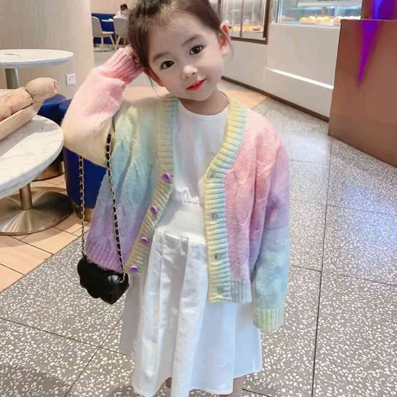 Regenboog gebreid vest meisjes herfst winter zoete kawaii trui jas kinderen meisje lange Koreaanse knop dons daling 211201