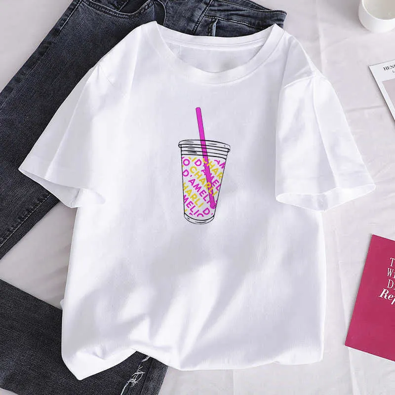 Damen T-Shirt O-Ausschnitt Kurzarm Charli DAmelio Ice Coffee Splash Harajuku Grafik T-Shirt Mädchen T-Shirt X0527