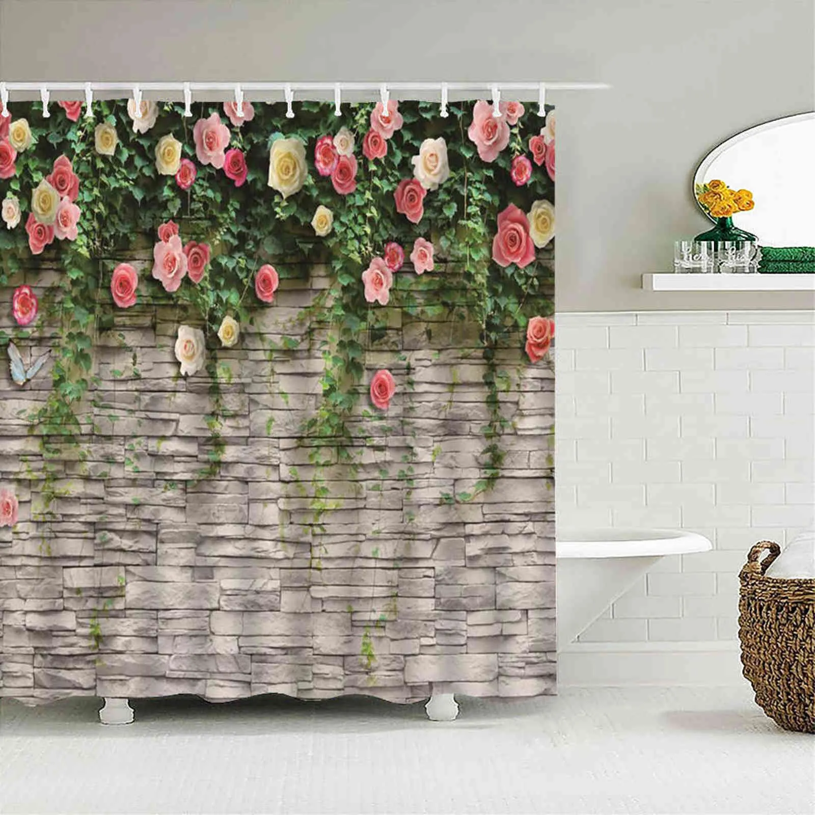 Waterdichte bloemen gras plant rots wand douchegordijn voor badkamer bad gordijnen lang 180 * 200 cm 3D douchegordijn 211116