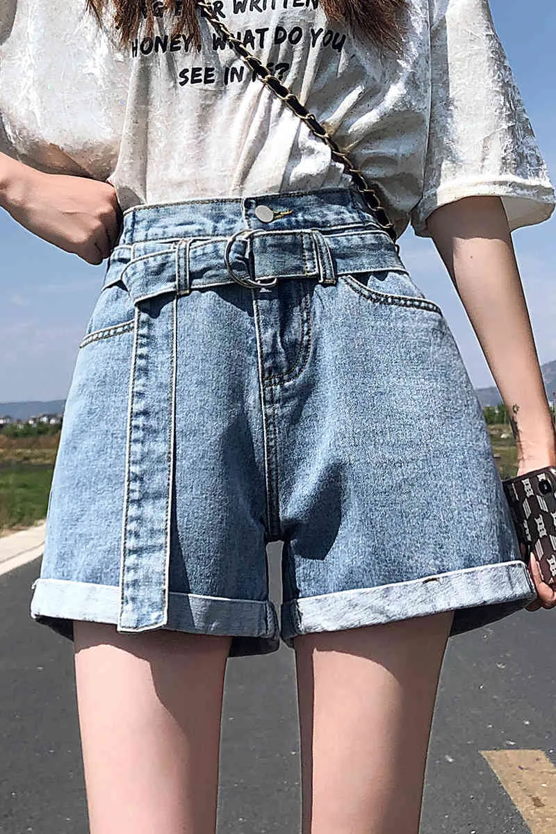 Casual sommar damer shorts jeans för kvinnor vintage hög midja blå brett ben kvinnlig Jean Women's Denim 9514 210506