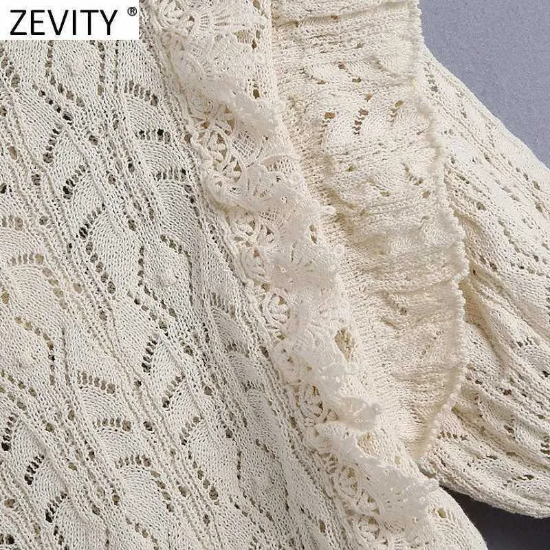 Zevity Femmes Doux Dentelle Crochet Patchwork Évider Court Chandail À Tricoter Femme Chic O Cou Volants Mince Pulls Tops SW711 210812