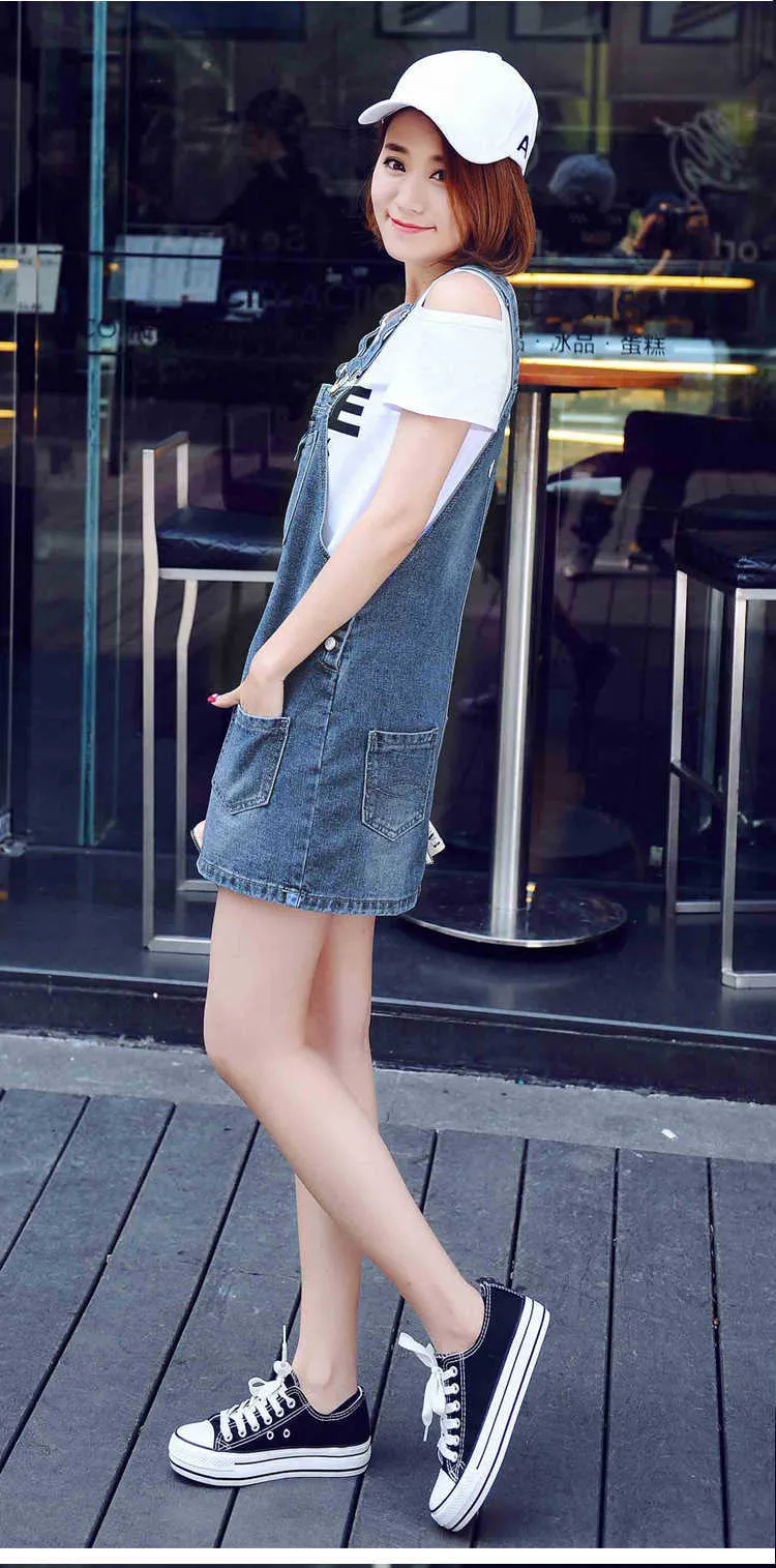 Kadın Kot Askı Elbise Yaz Mini Gevşek A-Line Kısa Rahat Çok Cep Ayarlanabilir Kayış Mavi Tulum 210604
